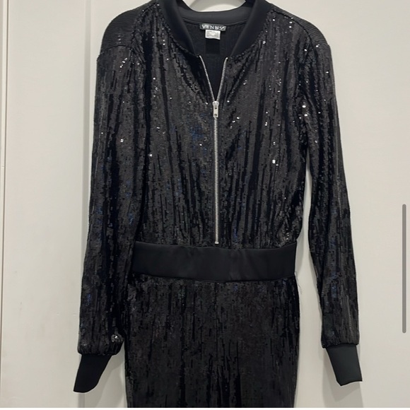 Venus black sequin jumpsuit long sleeve track suit one piece zip front Size XS - Picture 5 of 9
